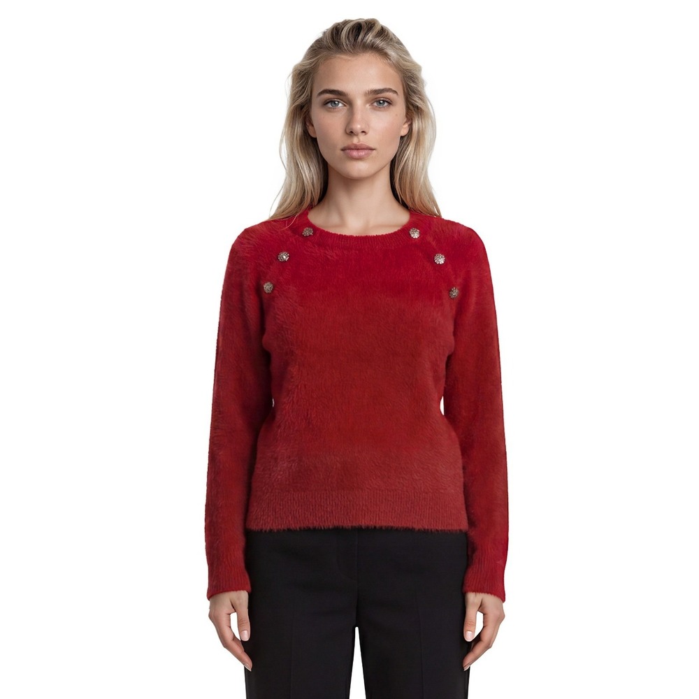 Talbots Sweater Red Eyelash Knit Women's Size Large Crystal Rhinestone Buttons